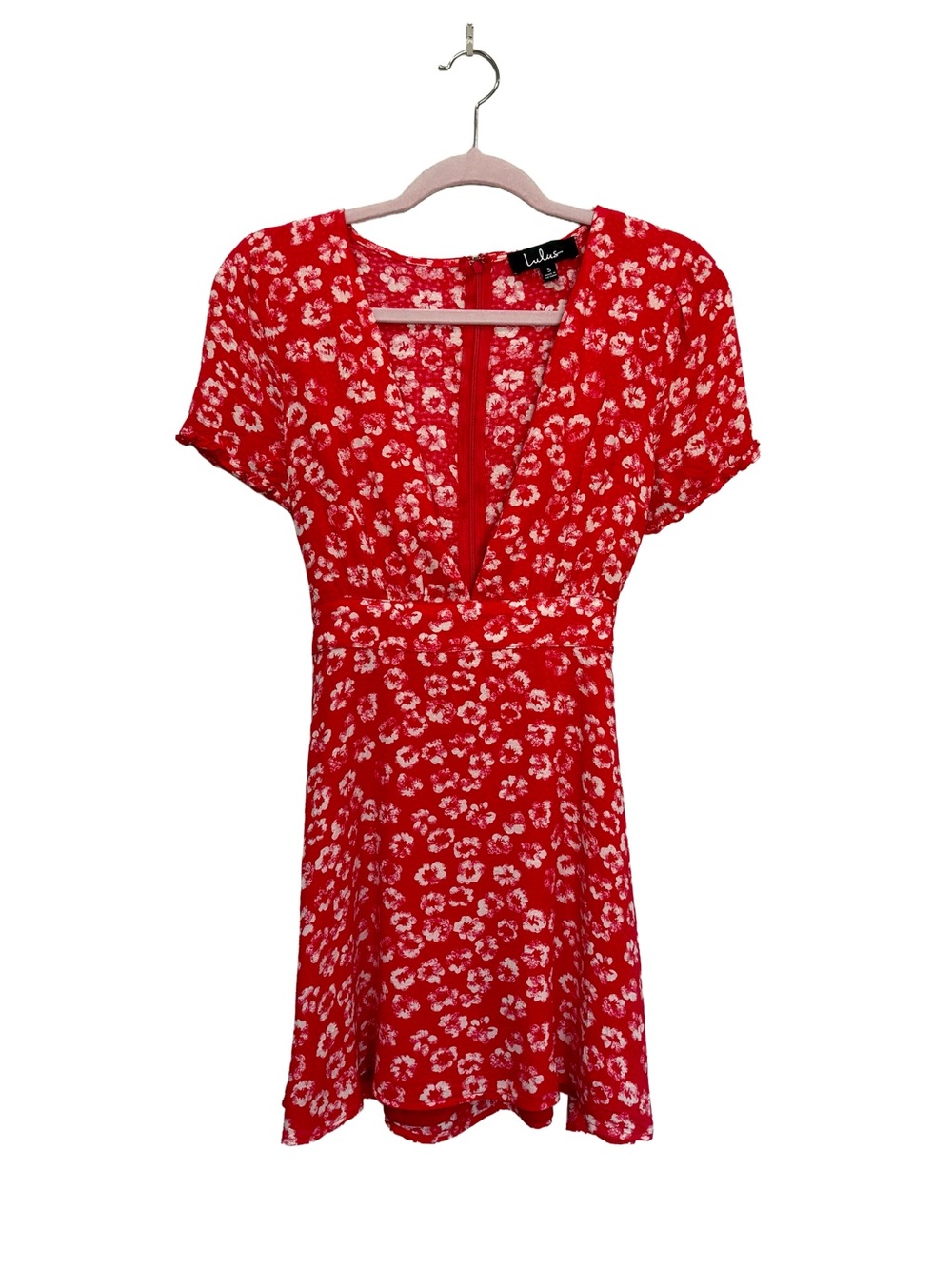 Lulus Red Floral V-Neck Short Sleeve Garden Explorer Mini Dress Women’s Size S